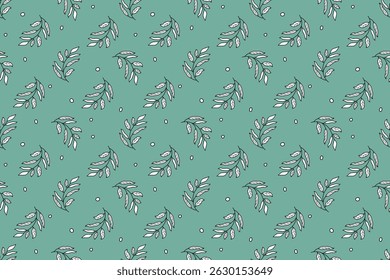 Beautiful natural seamless pattern of  plant in black and white on  green background. Plant of  environment. Flat design. For wallpaper, textiles, packaging, background, website.