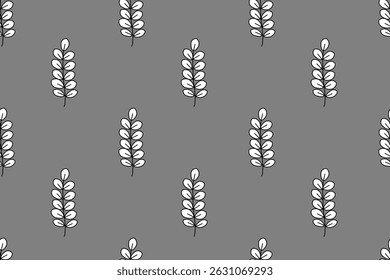 Beautiful natural seamless pattern of  plant in black and white on  gray background. Plant of  environment. Flat design. For wallpaper, textiles, packaging, background, website.