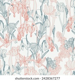 Beautiful natural seamless pattern with spring flowers hand drawn with contour lines on white background. Elegant flowering plants in bloom. Vector illustration for textile print, wrapping paper.