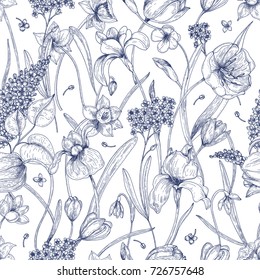 Beautiful natural seamless pattern with spring flowers hand drawn with contour lines on white background. Elegant flowering plants in bloom. Vector illustration for textile print, wrapping paper.