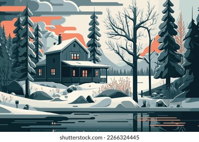 Beautiful natural winter landscape illustration with mountain lodge, rivers and mountains in the background. 