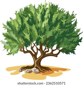 Beautiful naturalistic green olive tree in full length cartoon style Vector