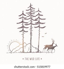 Beautiful nature with amazing silhouette of two stylized deer, mountain and tall pines. Vector illustration