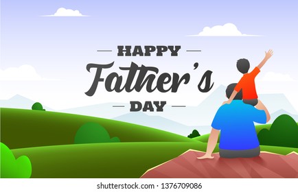 Beautiful nature background with back view of son sitting on his father shoulders for Happy Father's Day celebration banner design.