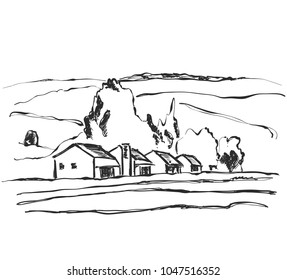 Beautiful nature background. Landscape sketch. Fields, mountains and house