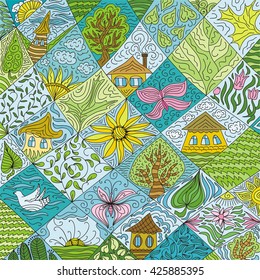 Beautiful nature background with sun, trees, houses, butterflies, leaves, bird, flowers, branches
