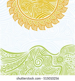 Beautiful nature background with sun. Vector illustration.