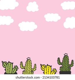 beautiful nature background. white clouds with cute cactus in pot illustration on pink background. hand drawn vector. design for wallpaper, greeting and invitation card, poster. beautiful houseplant. 