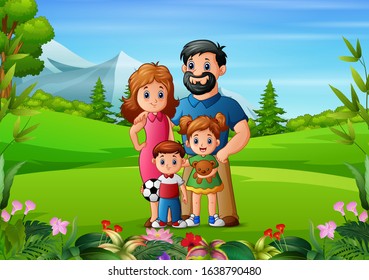 Beautiful nature background with young family