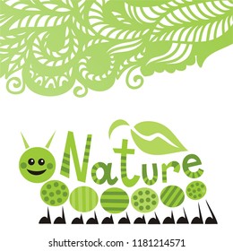 Beautiful nature card with cute cartoon caterpillar. Vector illustration