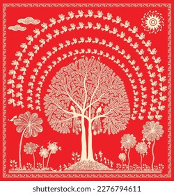 Schöne Natur, Kokospalmen, Vögel, menschliches Leben in der Malerei von Warli gezeigt. Moderne Gemälde, Tapeten, Illustration, Vektorgrafik, Warli Kunst. 