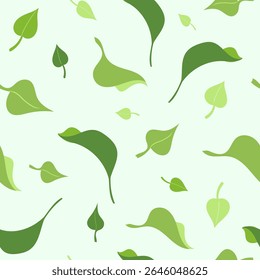 Beautiful nature ecology hand drawn seamless pattern with flat tea leaves, basil, mint, and lilac foliage, Green botanical design for fabric, wallpaper, packaging, and print, warm mint background