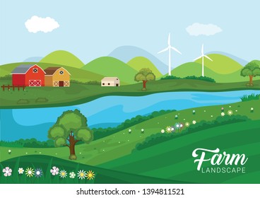 Beautiful Nature Farm Landscape with hills, windmill, and Flowers