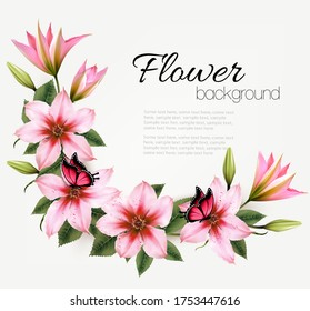 Beautiful nature flower background with a pink clematis and butterflies with roses. Vector.