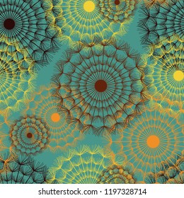Beautiful nature green background seamless pattern with yellow, orange, black dandelion fluff in vintage style. Floral backdrop with summer or spring flowers. Elegant stylish trendy wallpaper vector