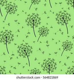 Beautiful nature green background seamless pattern with black dandelion and flying fluff. Floral seamless pattern with summer or spring flowers. Stylish trendy wallpaper. Vector illustration