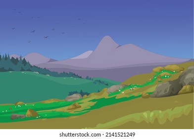 Beautiful nature with green grass and hills soil rock and some bird.