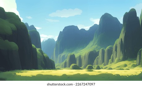 Beautiful Nature Green Scenery Cliffs and Hills Detailed Hand Drawn Painting Illustration