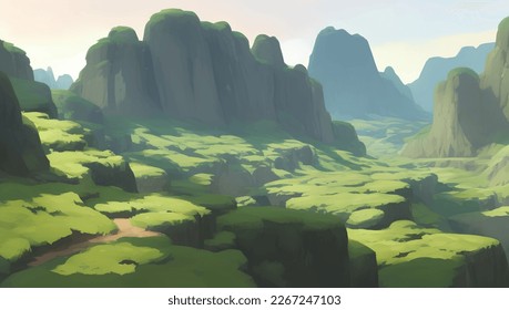 Beautiful Nature Green Scenery Cliffs and Hills Detailed Hand Drawn Painting Illustration