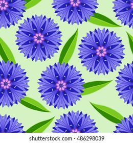 Beautiful nature green seamless pattern with cornflowers and leaves. Floral bright background with stylized summer flowers. Trendy stylish wallpaper. Vector illustration