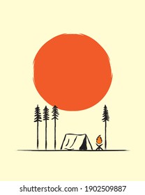 beautiful nature illustration of big moon and camping ground