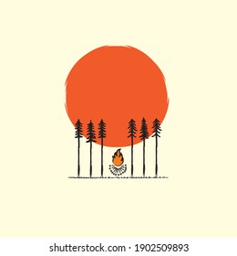 beautiful nature illustration of big orange  sun and pine trees