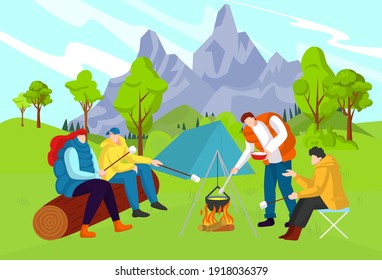 Beautiful nature, interesting adventure, tourist camp, travel in forest near mountains, design cartoon style vector illustration. Cheerful outdoor picnic, men and women preparing lunch, bright bonfire