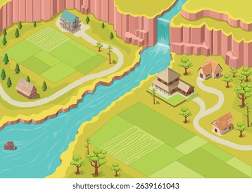 beautiful nature isometric style with waterfall, river and agricultural area
