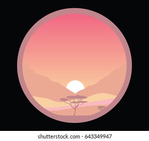 Beautiful nature landscape, acacia tree, hills and savanna
vector illustration, circle frame