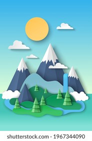 Beautiful nature landscape, background. Snowy mountain tops, waterfall, forest river, vector illustration in paper art style. Tourism, mountain traveling, hiking.