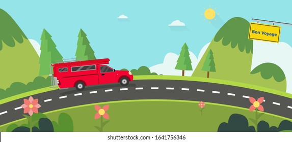 Beautiful nature landscape with bon voyage sign and hills background.Red car on road with Green Hills and blue sky.Vintage car thailand on street with natural scene.Vector illustration