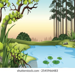 Beautiful nature landscape, Cartoon countryside landscape with meadows, and fields.
