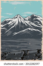 Beautiful nature landscape colorful poster with snowy mountains in vintage style vector illustration