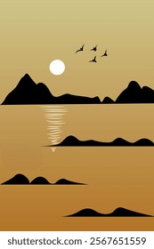 Beautiful nature landscape design concept of moonrise, river, mountains and birds - vector illustration