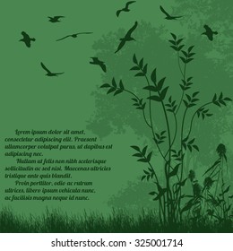 Beautiful nature landscape with flying birds on green with space for your text, vector illustration