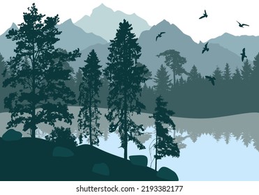 Beautiful nature, landscape. Forest and lake with flying birds on background of mountains. Silhouettes of pines and fir trees. Vector illustration