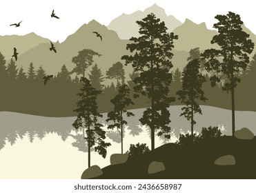 Beautiful nature, landscape. Forest and lake with flying birds on background of mountains. Silhouettes of pines and fir trees. Vector illustration