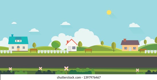 Hermoso paisaje natural con casas, bancos y vallas de fondo.Hogar con colinas verdes y cielo azul.Parque público con naturaleza y calle.Dibujo vectorial.Escena rural con hogar en la calle