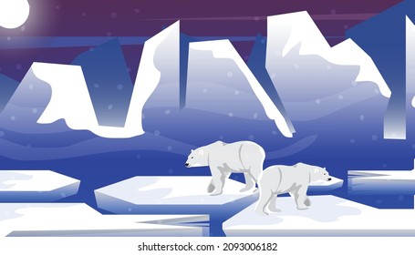 Beautiful nature landscape of Ice Glacier and melting water with polar bear. Concept of global warming vector illustration.