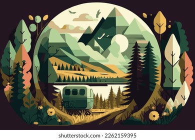 beautiful nature landscape illustration. Wanderlust feeling. Forest and mountains in the background. 