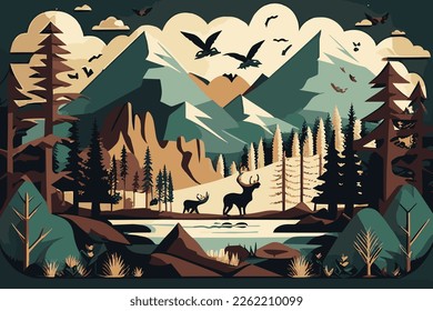 beautiful nature landscape illustration. Wanderlust feeling. Forest and mountains in the background. 
