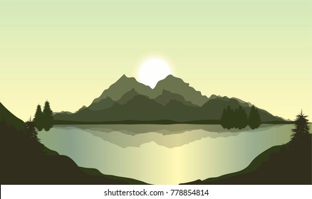 beautiful nature landscape. lake beside mountains, sunrise sky and pine trees vector illustration