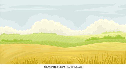 Schöne Naturlandschaft, Wiese auf bewölktem blauen Himmel, Landwirtschaft und Landwirtschaftsvektorgrafik auf weißem Hintergrund