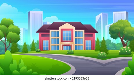 Beautiful nature landscape Modern School Building With skyscraper buildings, Back To Education Concept cartoon Illustration