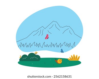 Beautiful nature landscape, mountains on a background with a clear blue sky, green meadow with yellow flowers and a snail, two pink and blue butterflies flying, ecosystem vector illustration.