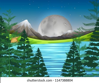 Beautiful nature landscape at night illustration