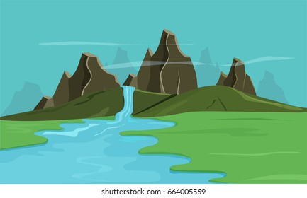 Beautiful nature landscape with river, green field and mountains.