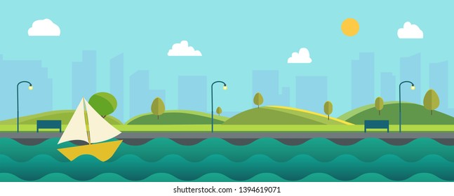 Beautiful nature landscape with river  , sail boat and cityscape background  .Green Hills with blue sky.Public park with nature and lake.Vector illustration
