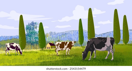 Beautiful nature landscape scenery vector illustration. houses, ranch, village, hills, mountain, field countryside design for cards, poster, banner and background.