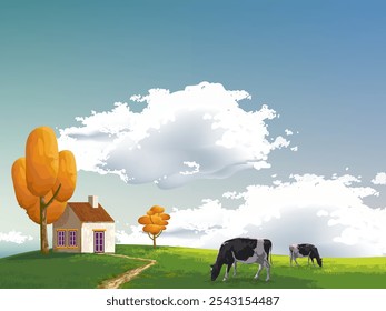 Beautiful nature landscape scenery vector illustration. houses, ranch, village, hills, mountain, field countryside design for cards, poster, banner and background.